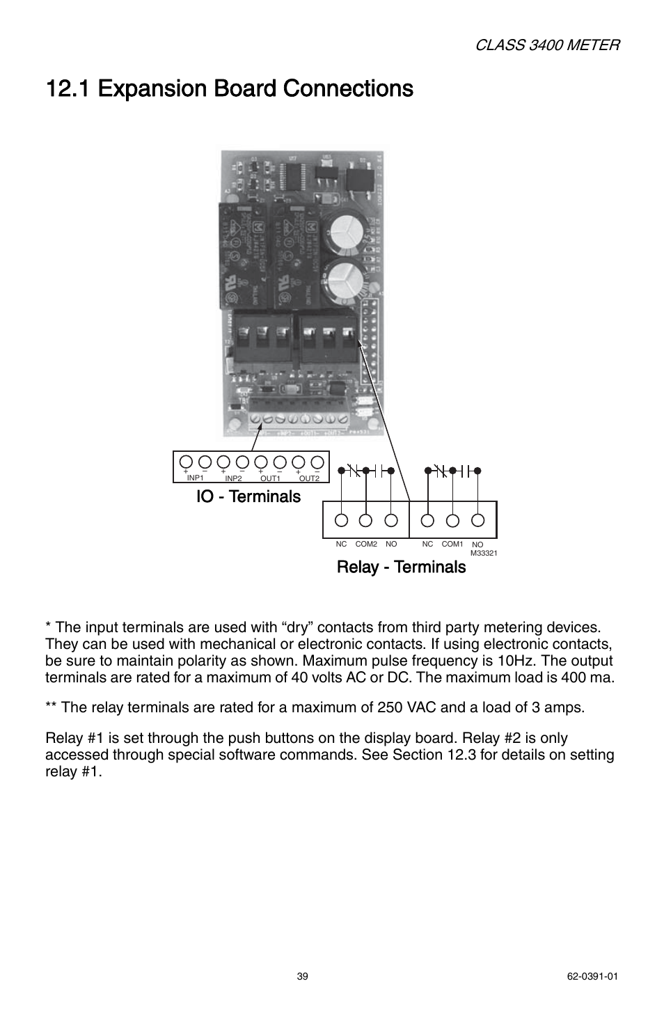 1 expansion board connections, Io - terminals relay - terminals, Class 3400 meter | E-Mon E34-6003200R*KIT User Manual | Page 39 / 52