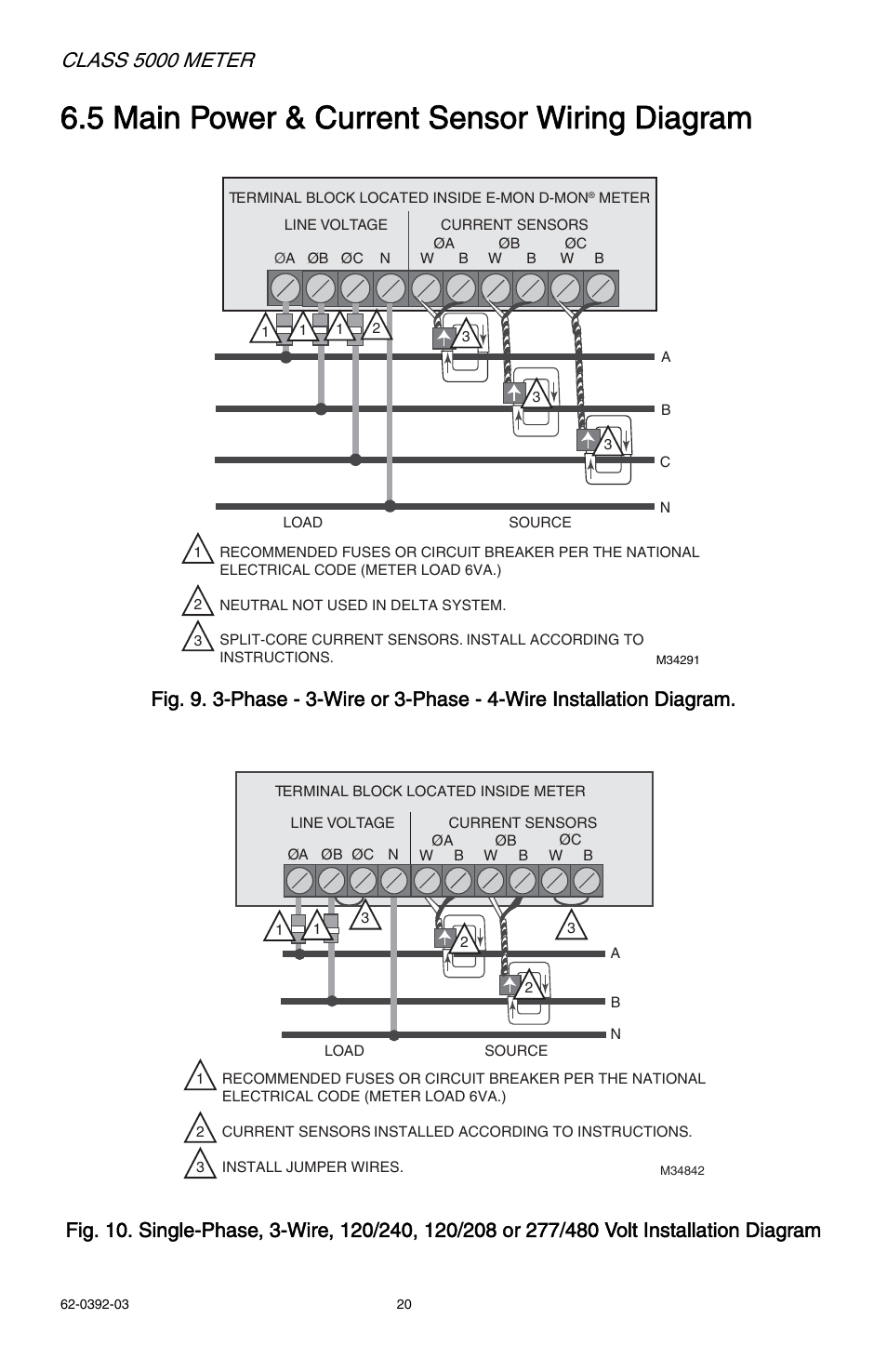 5 main power & current sensor wiring diagram, Class 5000 meter | E-Mon E50-6003200R*KIT User Manual | Page 20 / 64