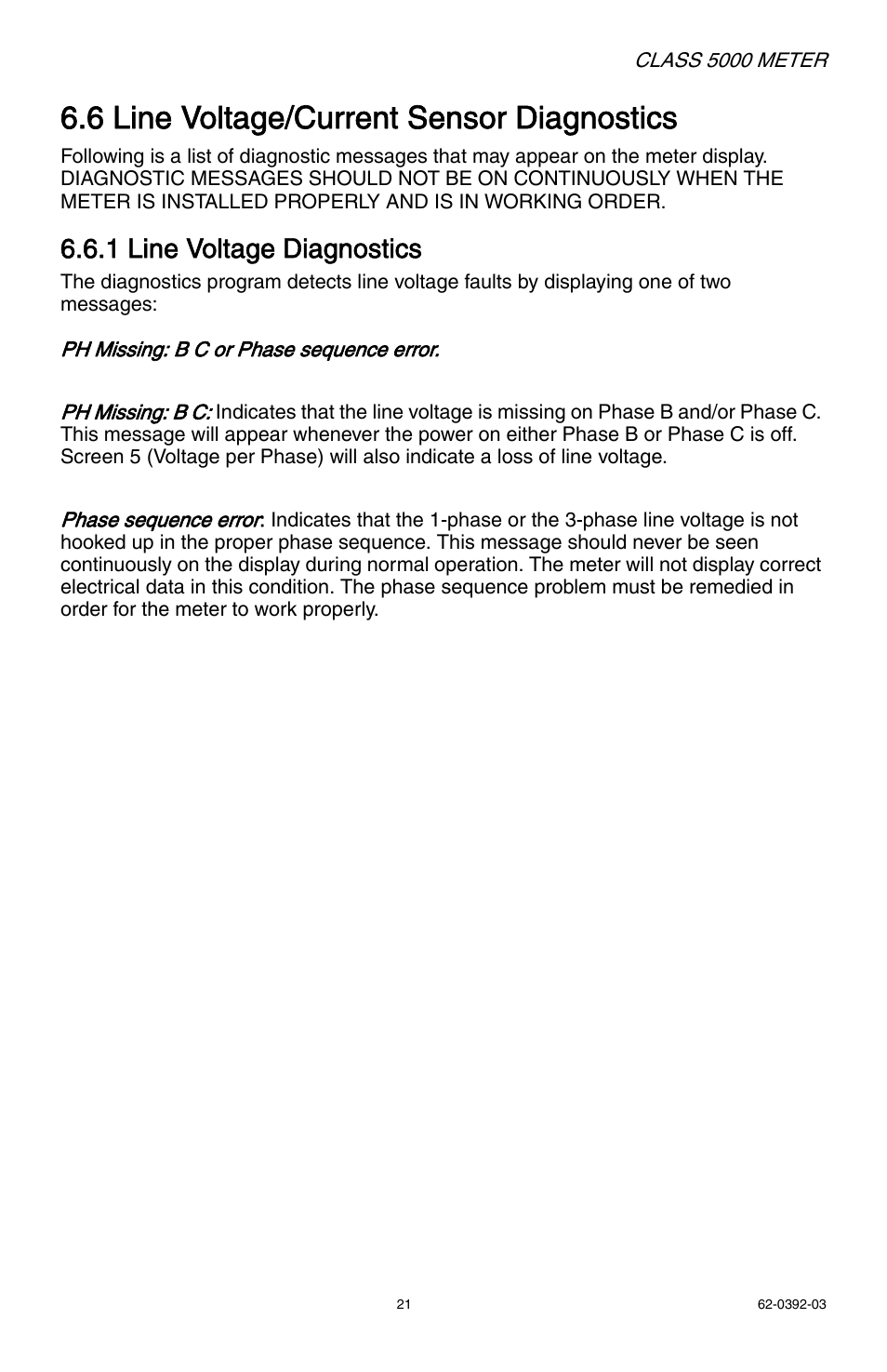 6 line voltage/current sensor diagnostics, 1 line voltage diagnostics | E-Mon E50-6003200R*KIT User Manual | Page 21 / 64