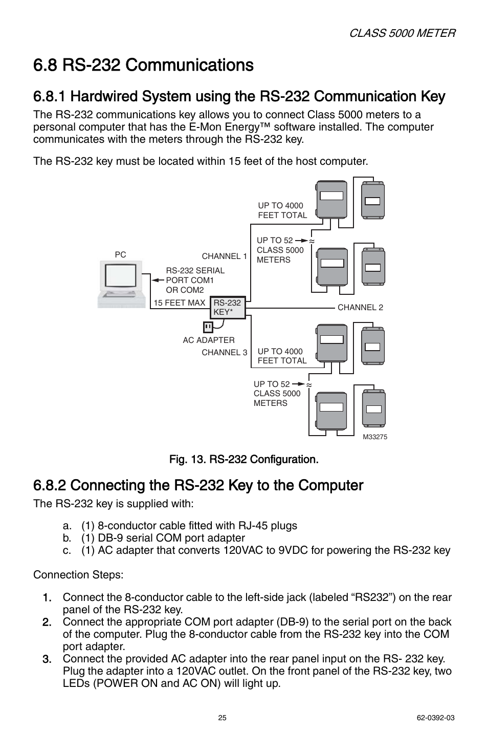 8 rs-232 communications, 2 connecting the rs-232 key to the computer | E-Mon E50-6003200R*KIT User Manual | Page 25 / 64