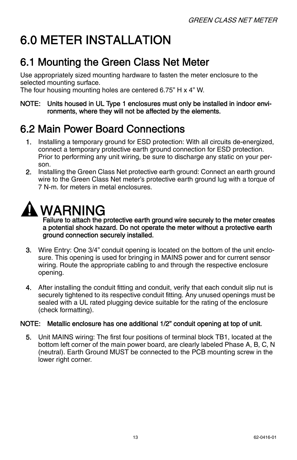 Warning, 0 meter installation, 1 mounting the green class net meter | 2 main power board connections | E-Mon E50-6003200J*-N-KIT User Manual | Page 13 / 48