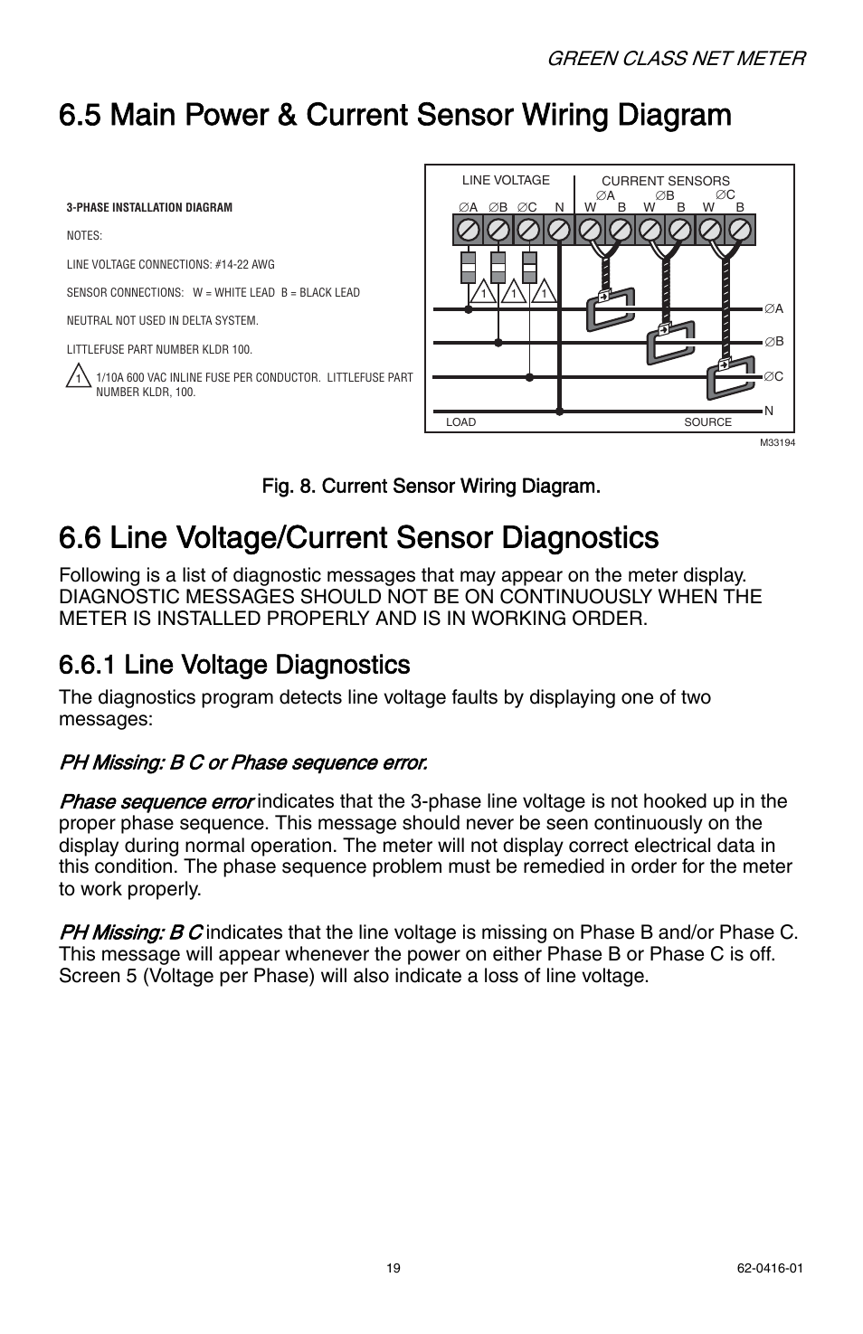 5 main power & current sensor wiring diagram, 6 line voltage/current sensor diagnostics, 1 line voltage diagnostics | Green class net meter, Ph missing: b c, Fig. 8. current sensor wiring diagram | E-Mon E50-6003200J*-N-KIT User Manual | Page 19 / 48