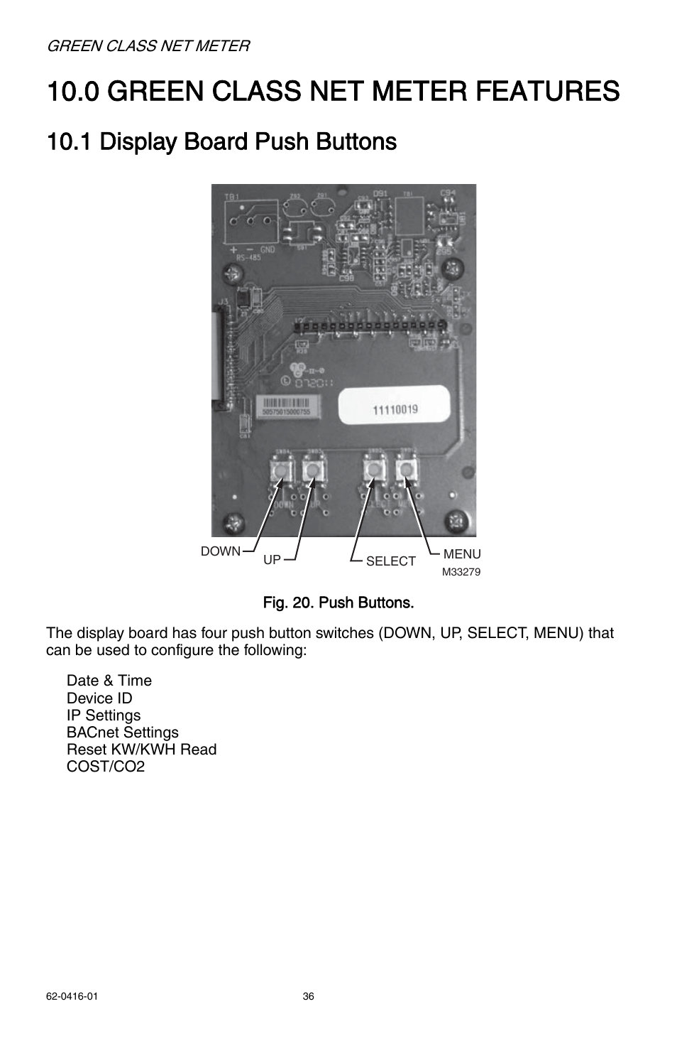 0 green class net meter features, 1 display board push buttons | E-Mon E50-6003200J*-N-KIT User Manual | Page 36 / 48