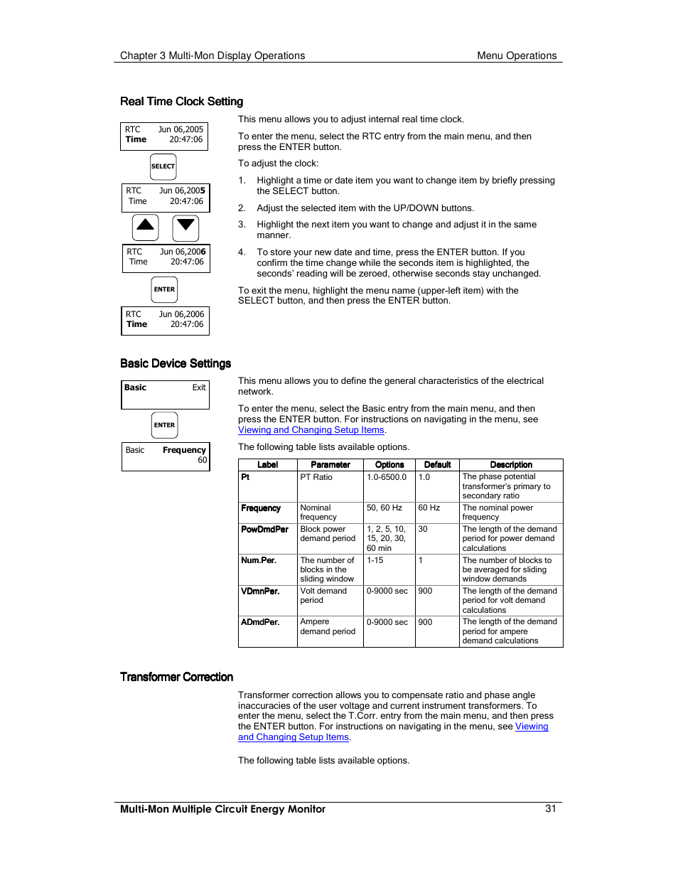 Real time clock setting, Transformer correction | E-Mon E-MM-RTU-D-N User Manual | Page 31 / 72