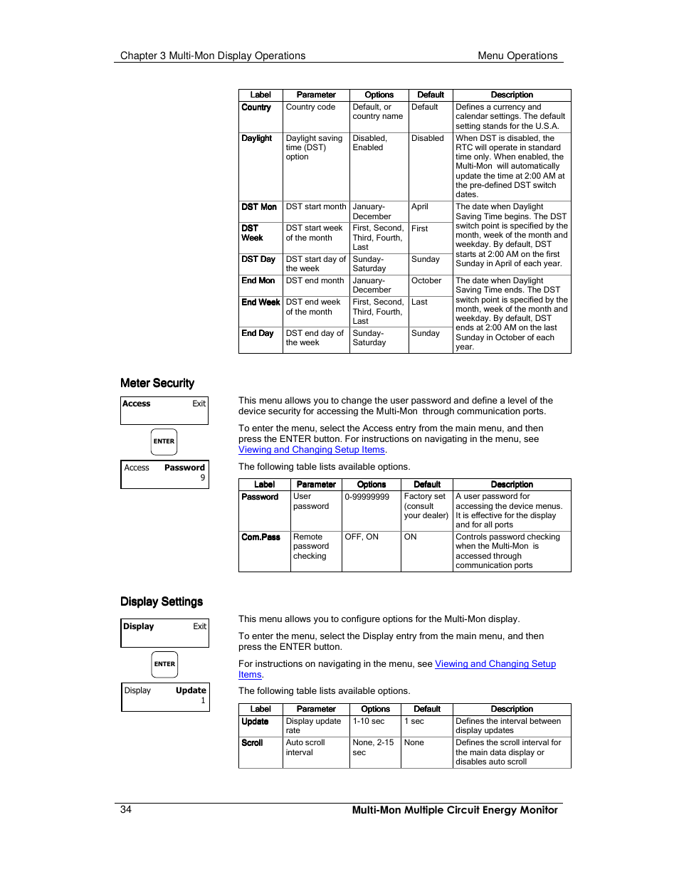 Meter security, Display settings | E-Mon E-MM-RTU-D-N User Manual | Page 34 / 72