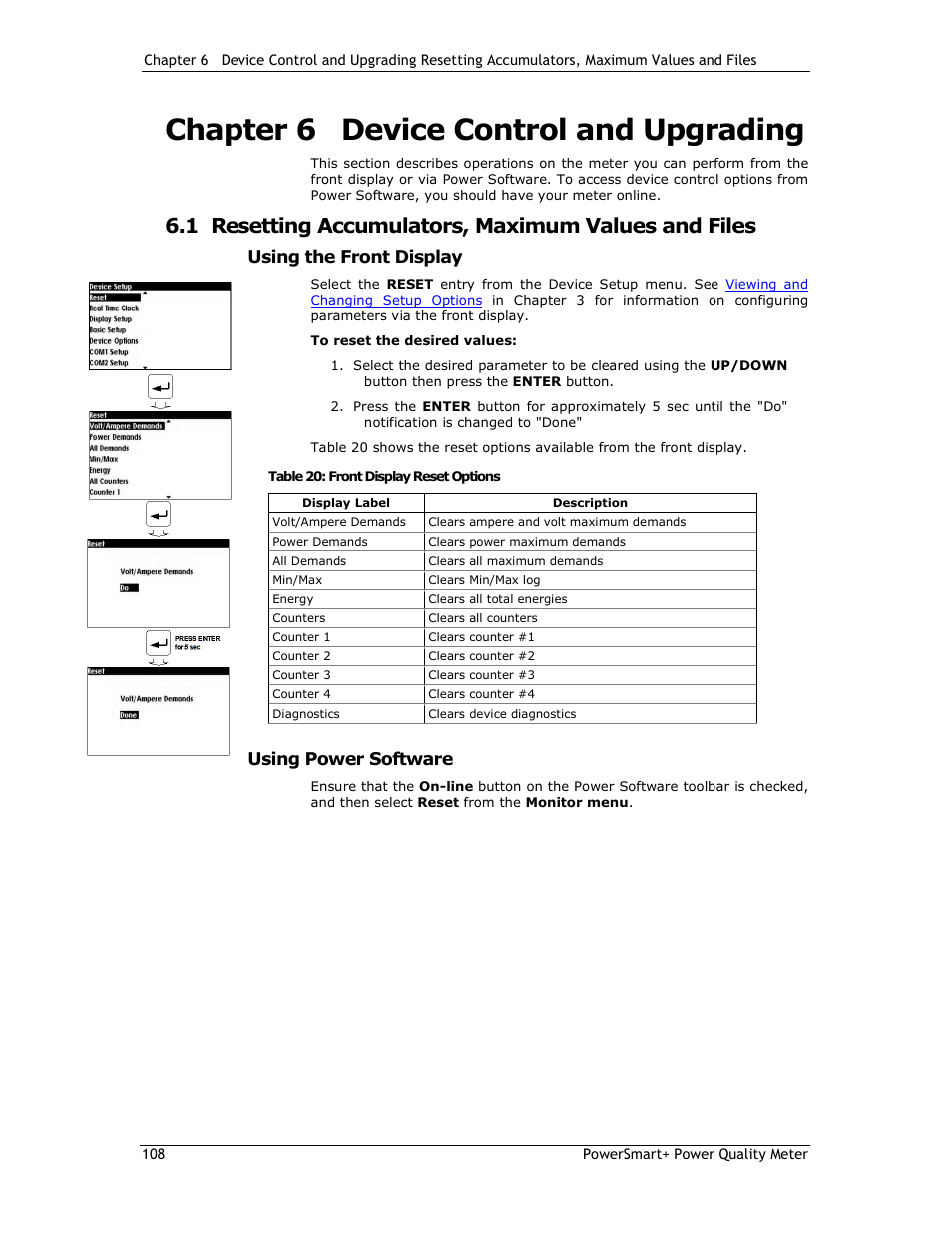 Chapter 6 device control and upgrading, 1 resetting accumulators, maximum values and files, Using the front display | Using power software | E-Mon E-PS-E-RTU-N User Manual | Page 108 / 160