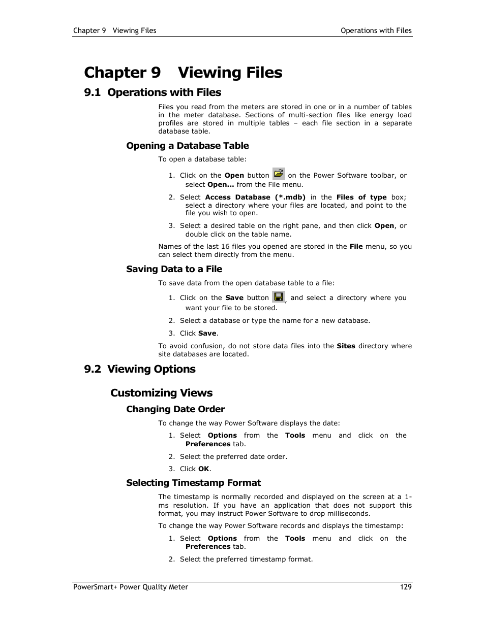 Chapter 9 viewing files, 1 operations with files, 2 viewing options customizing views | E-Mon E-PS-E-RTU-N User Manual | Page 129 / 160