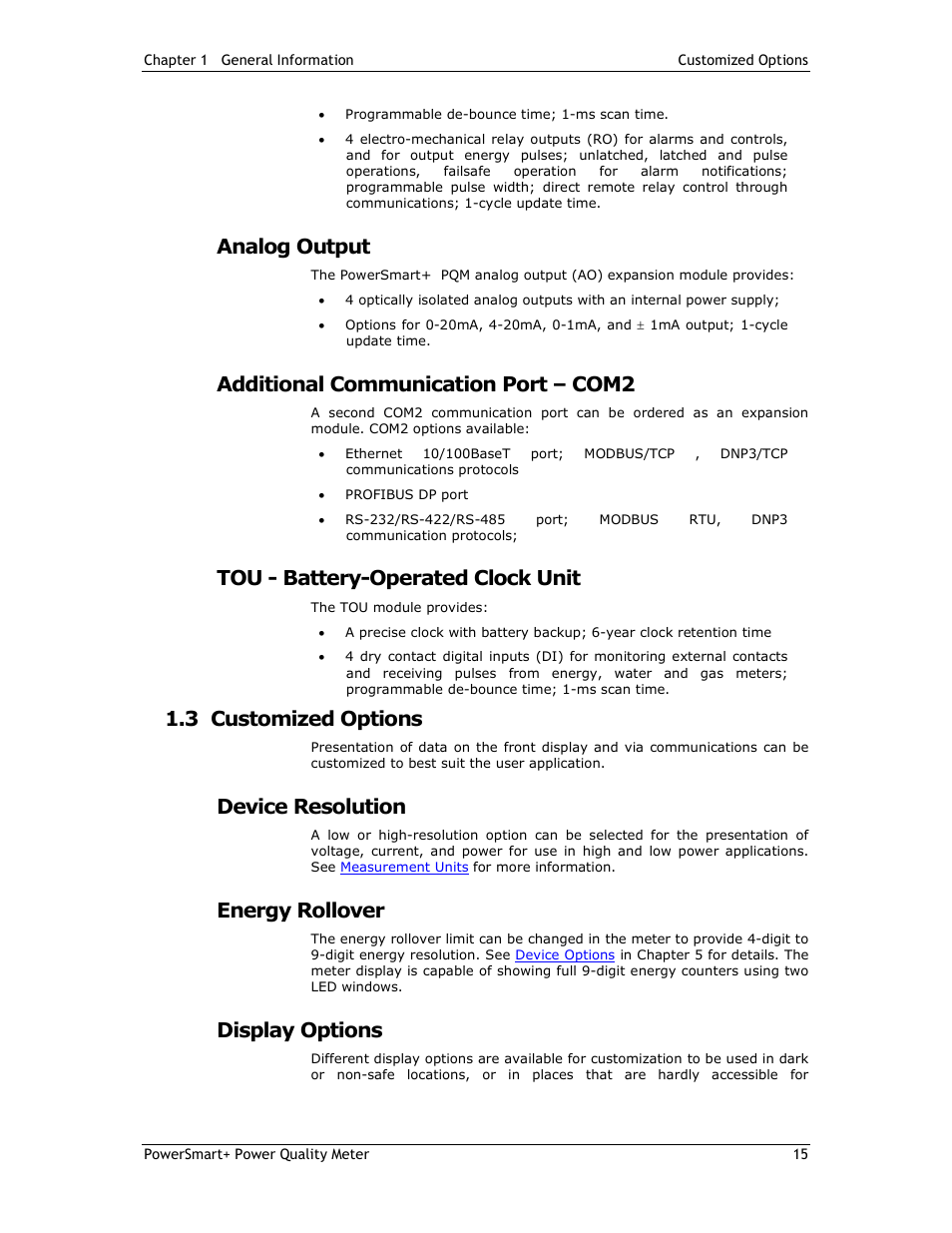 Analog output, Additional communication port – com2, Tou - battery-operated clock unit | 3 customized options, Device resolution, Energy rollover, Display options | E-Mon E-PS-E-RTU-N User Manual | Page 15 / 160