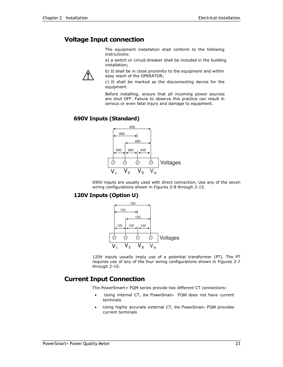 Voltage input connection, Current input connection, Voltages | E-Mon E-PS-E-RTU-N User Manual | Page 23 / 160
