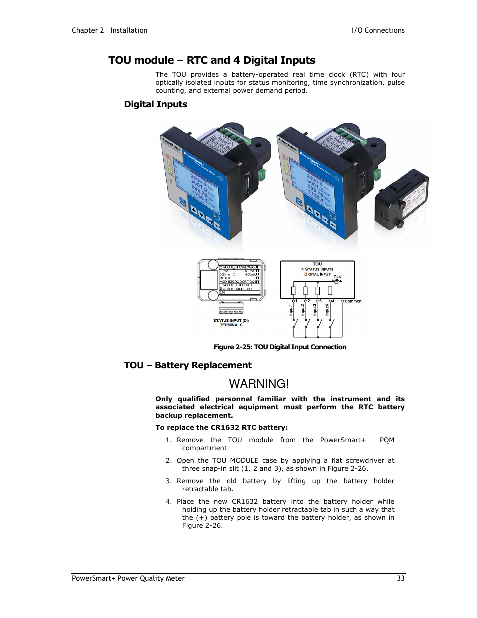 Warning, Tou module – rtc and 4 digital inputs | E-Mon E-PS-E-RTU-N User Manual | Page 33 / 160