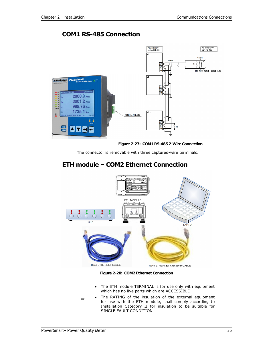 Com1 rs-485 connection, Eth module – com2 ethernet connection | E-Mon E-PS-E-RTU-N User Manual | Page 35 / 160