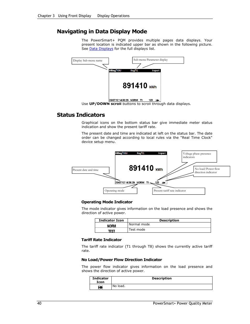 Navigating in data display mode, Status indicators | E-Mon E-PS-E-RTU-N User Manual | Page 40 / 160
