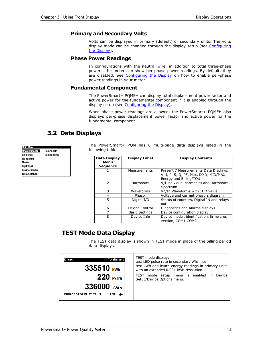2 data displays, Test mode data display, Primary and secondary volts | Phase power readings, Fundamental component | E-Mon E-PS-E-RTU-N User Manual | Page 43 / 160