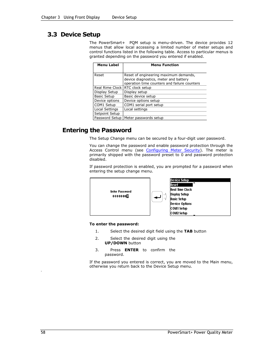 3 device setup, Entering the password | E-Mon E-PS-E-RTU-N User Manual | Page 58 / 160
