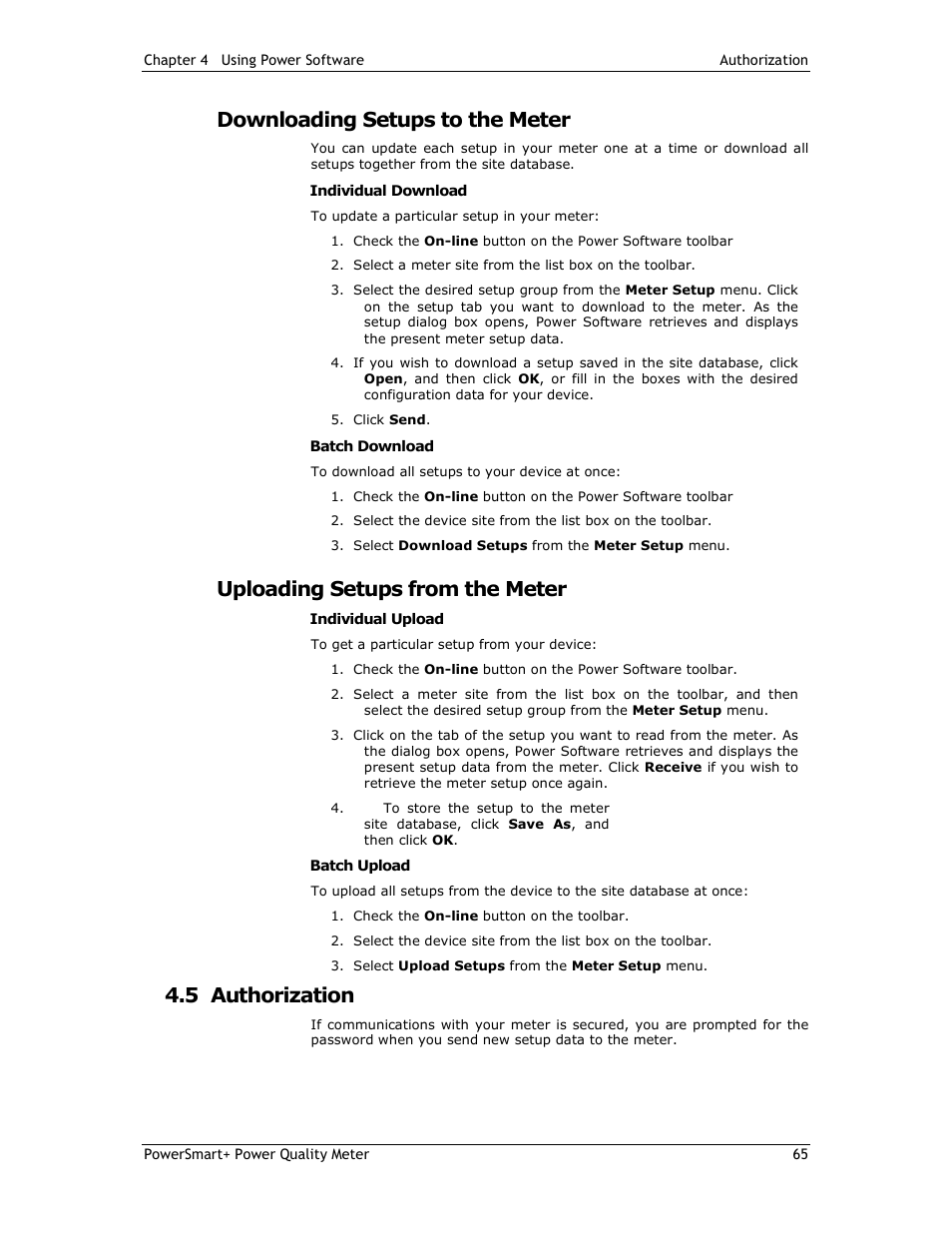 Downloading setups to the meter, Uploading setups from the meter, 5 authorization | E-Mon E-PS-E-RTU-N User Manual | Page 65 / 160