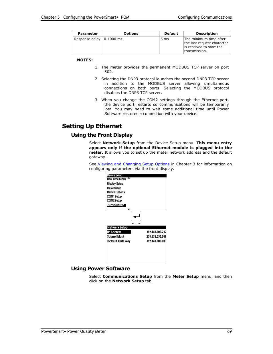 Setting up ethernet, Using the front display, Using power software | E-Mon E-PS-E-RTU-N User Manual | Page 69 / 160