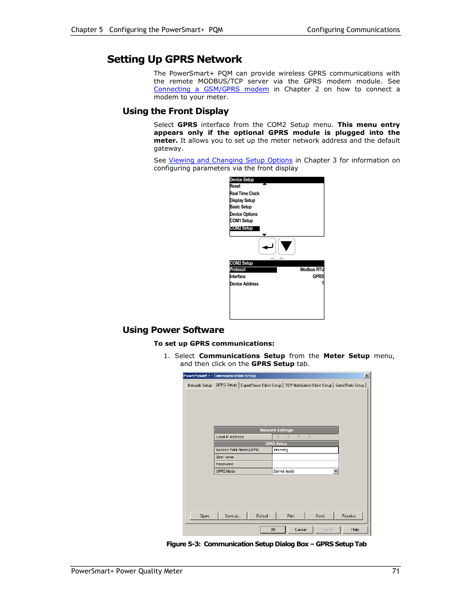Setting up gprs network, Using the front display, Using power software | E-Mon E-PS-E-RTU-N User Manual | Page 71 / 160