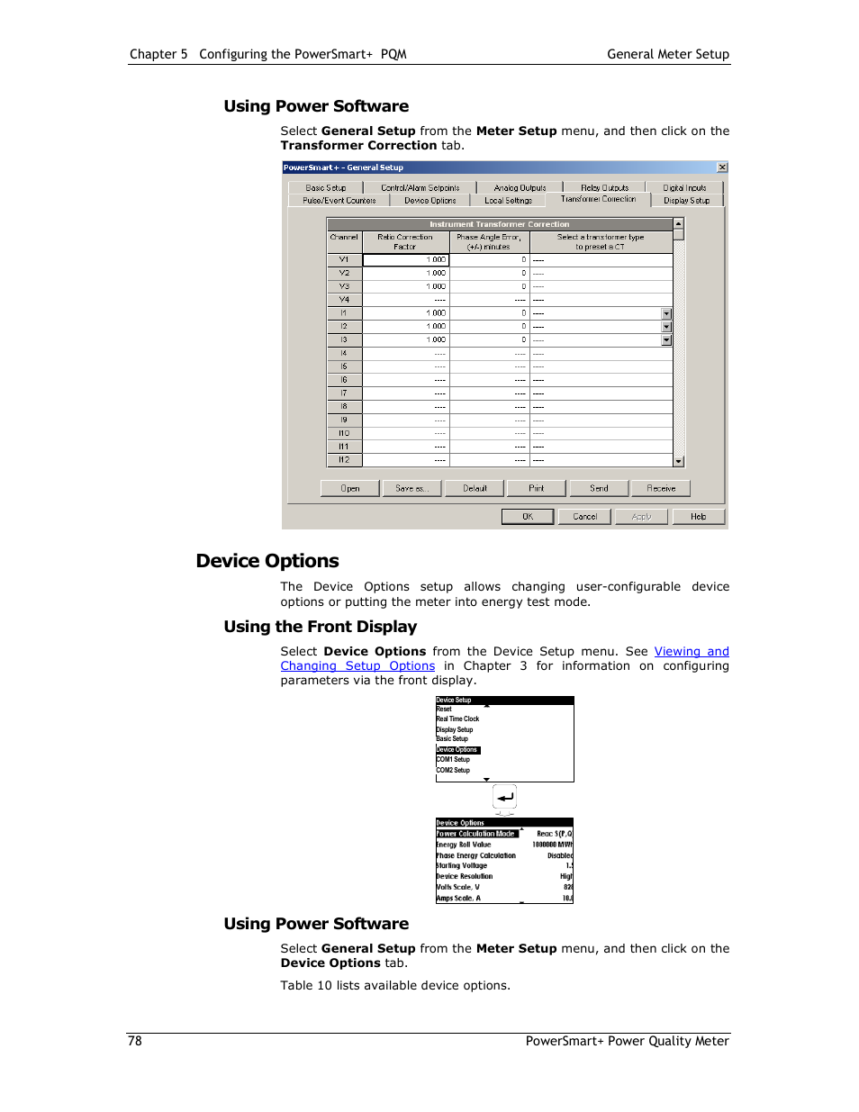 Device options, Using power software, Using the front display | E-Mon E-PS-E-RTU-N User Manual | Page 78 / 160