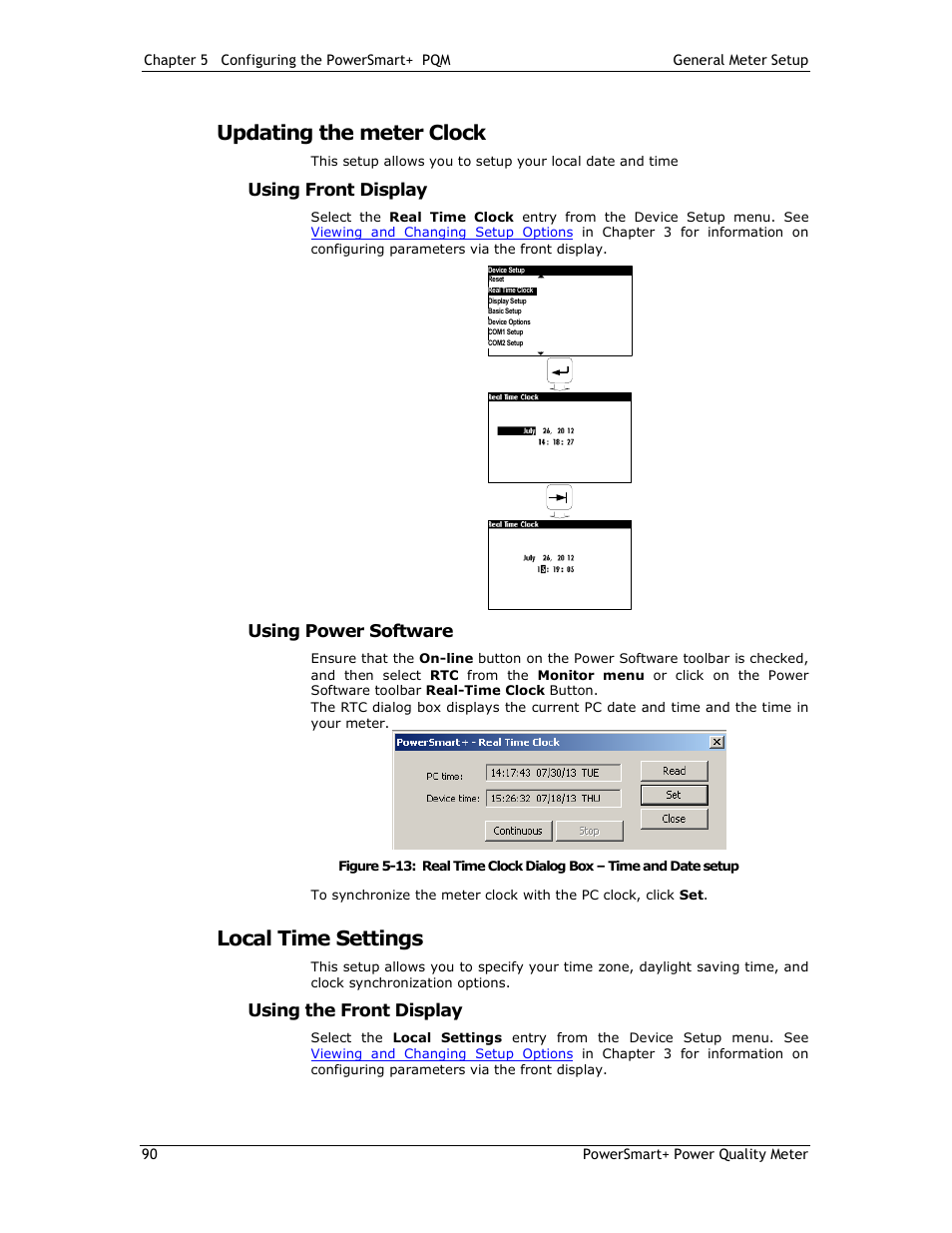 Updating the meter clock, Local time settings, Using front display | Using power software, Using the front display | E-Mon E-PS-E-RTU-N User Manual | Page 90 / 160