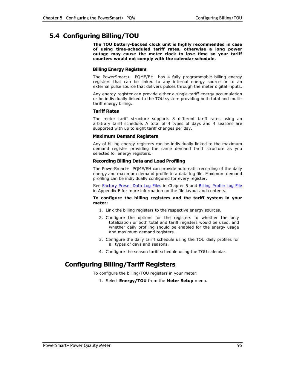 4 configuring billing/tou, Configuring billing/tariff registers | E-Mon E-PS-E-RTU-N User Manual | Page 95 / 160