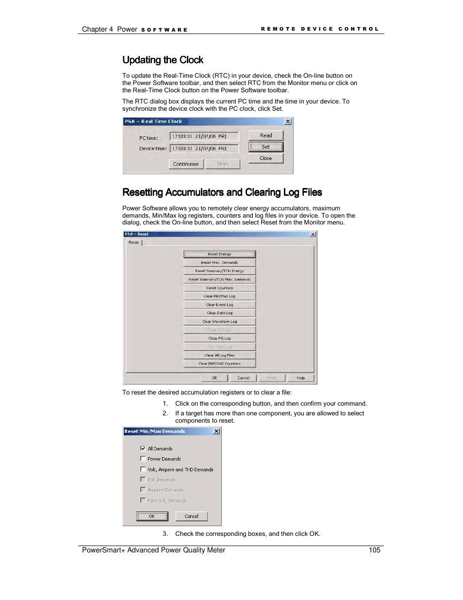 Updating the clock, Resetting accumulators and clearing log files | E-Mon E-PS-A-RTU-N User Manual | Page 105 / 151