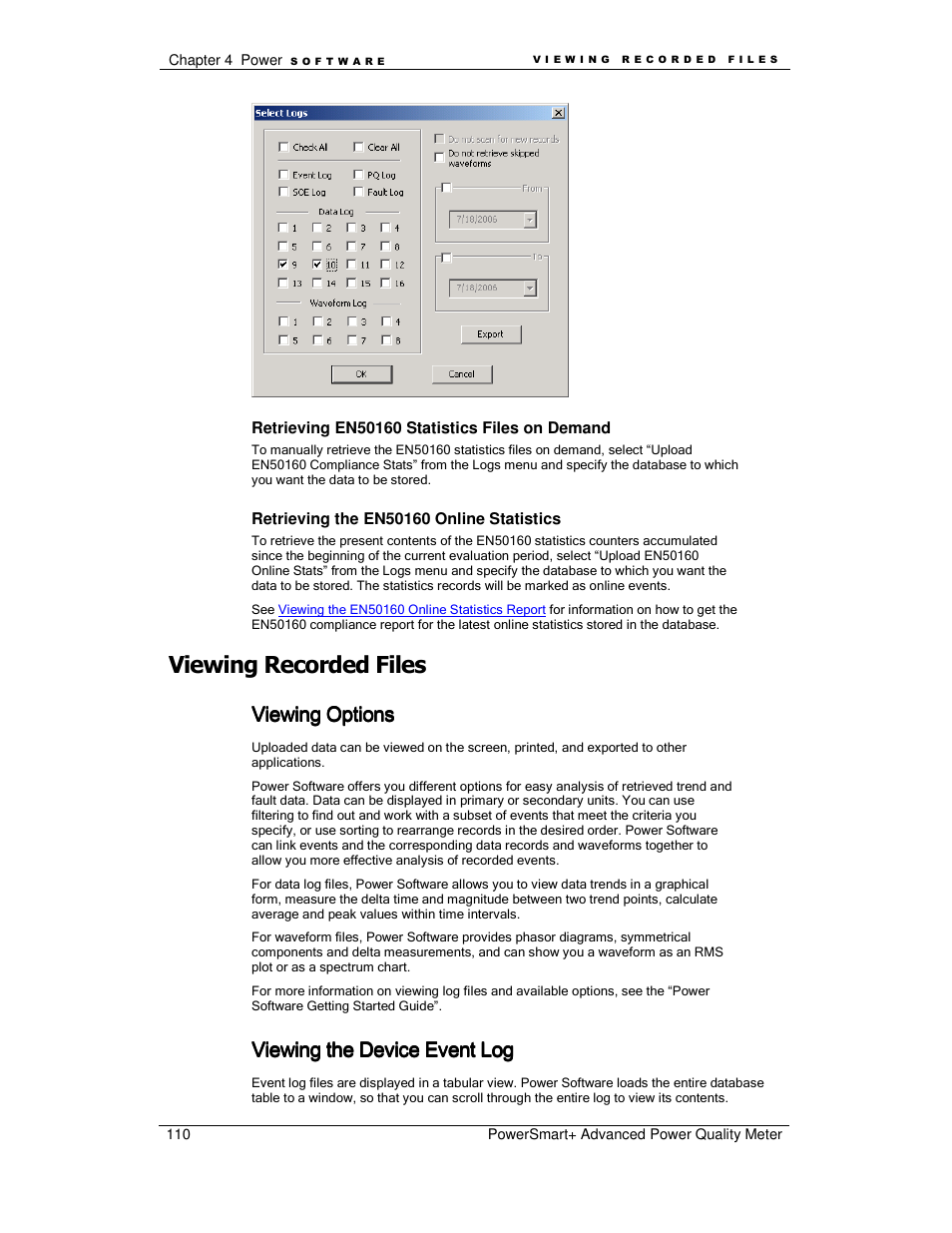 Viewing recorded files, Viewing options, Viewing the device event log | E-Mon E-PS-A-RTU-N User Manual | Page 110 / 151