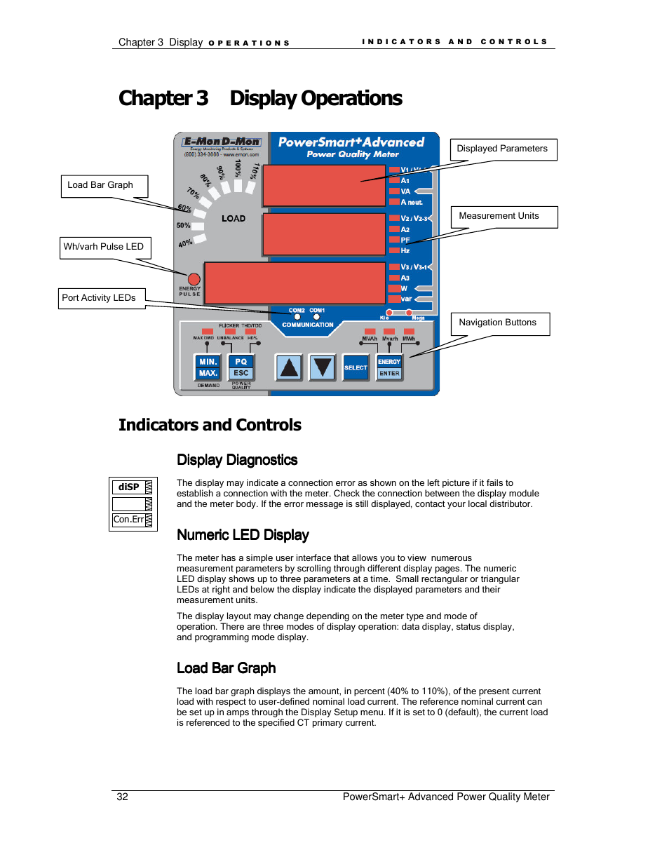 Chapter 3 display operations, Indicators and controls, Display diagnostics | Numeric led display, Load bar graph | E-Mon E-PS-A-RTU-N User Manual | Page 32 / 151