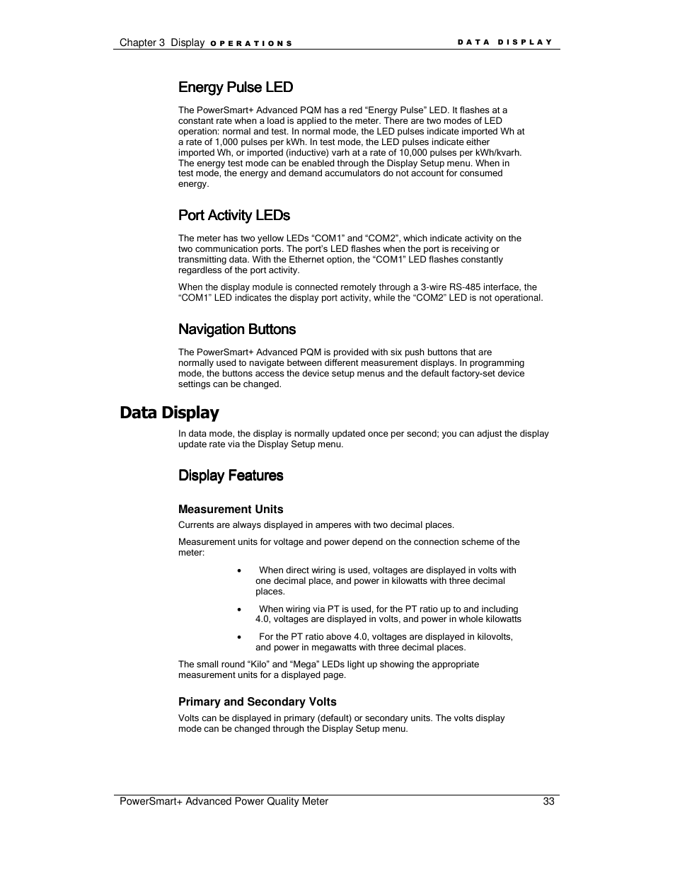 Data display, Energy pulse led, Port activity leds | Navigation buttons, Display features | E-Mon E-PS-A-RTU-N User Manual | Page 33 / 151