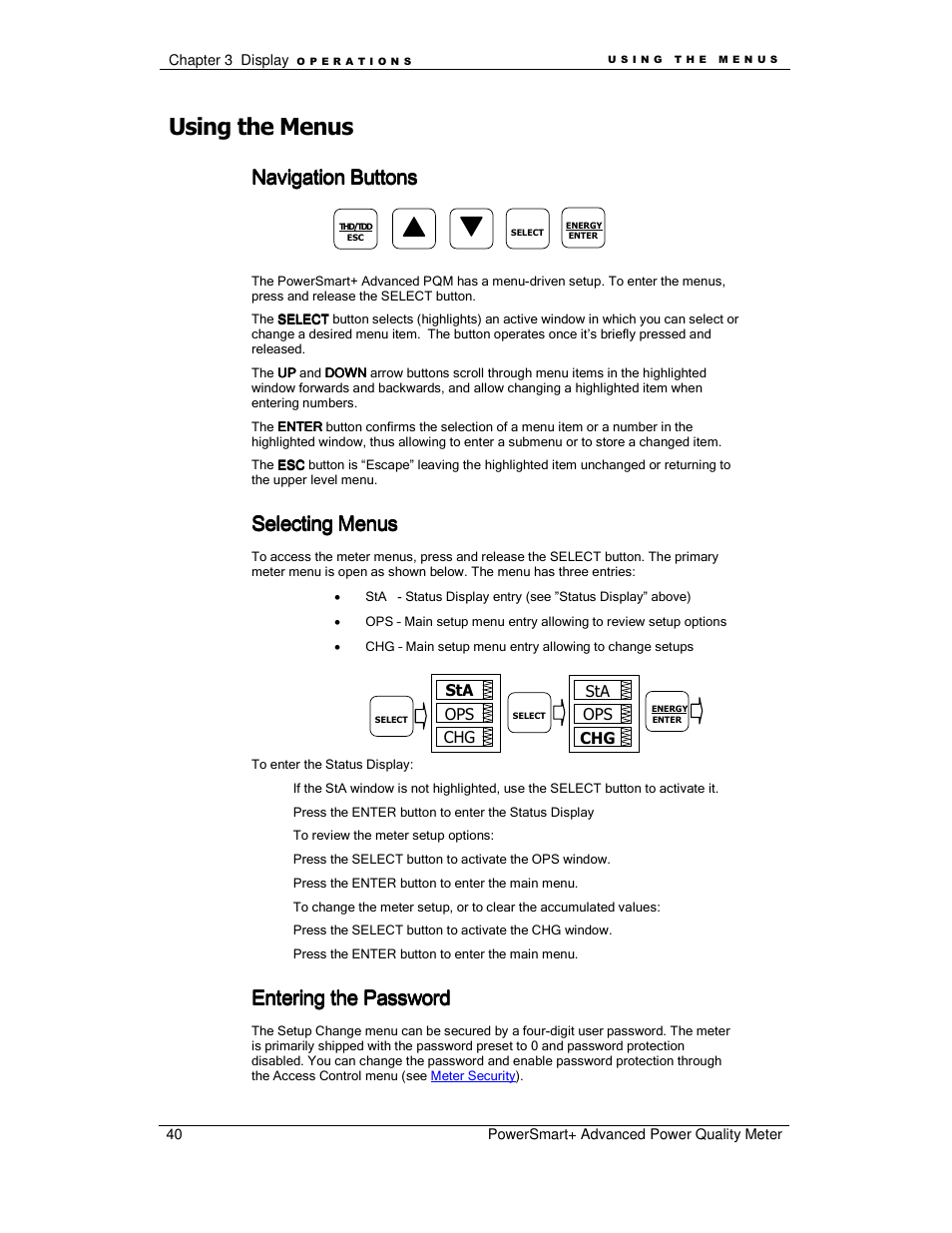 Using the menus, Navigation buttons, Selecting menus | Entering the password | E-Mon E-PS-A-RTU-N User Manual | Page 40 / 151