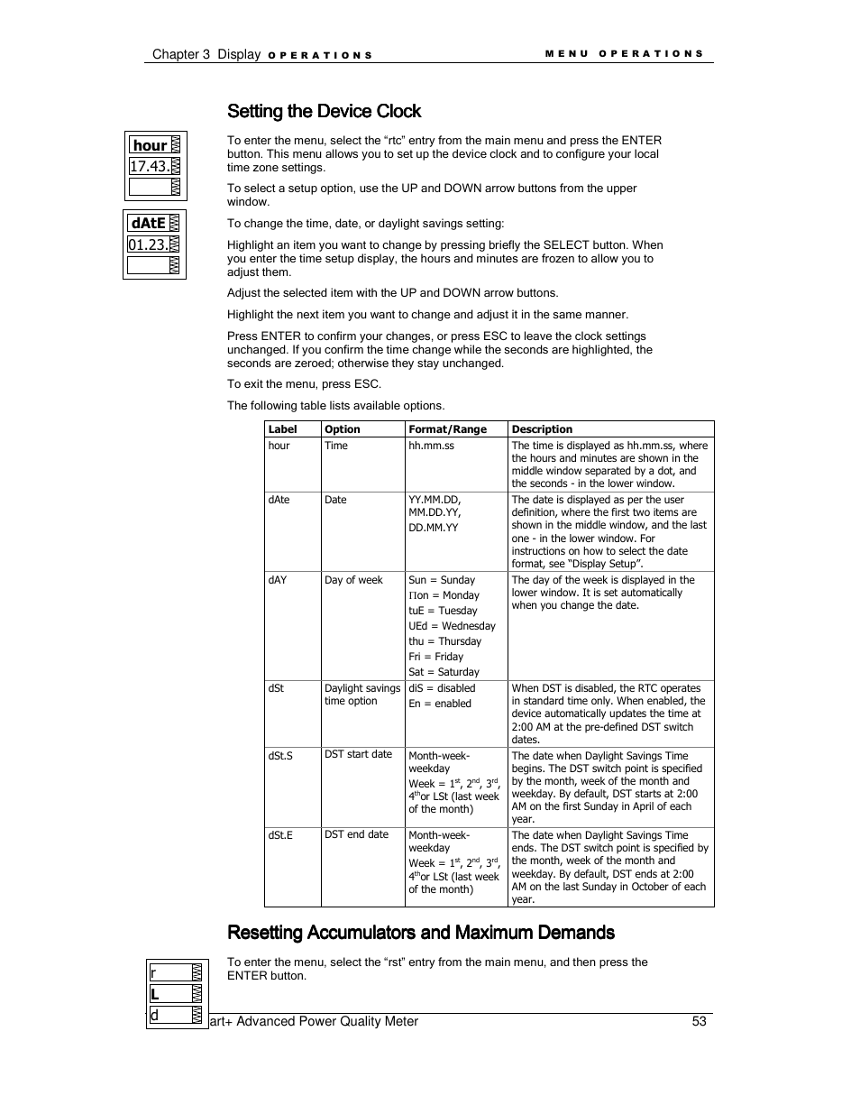Setting the device clock, Resetting accumulators and maximum demands, Hour | Date, Rd l | E-Mon E-PS-A-RTU-N User Manual | Page 53 / 151