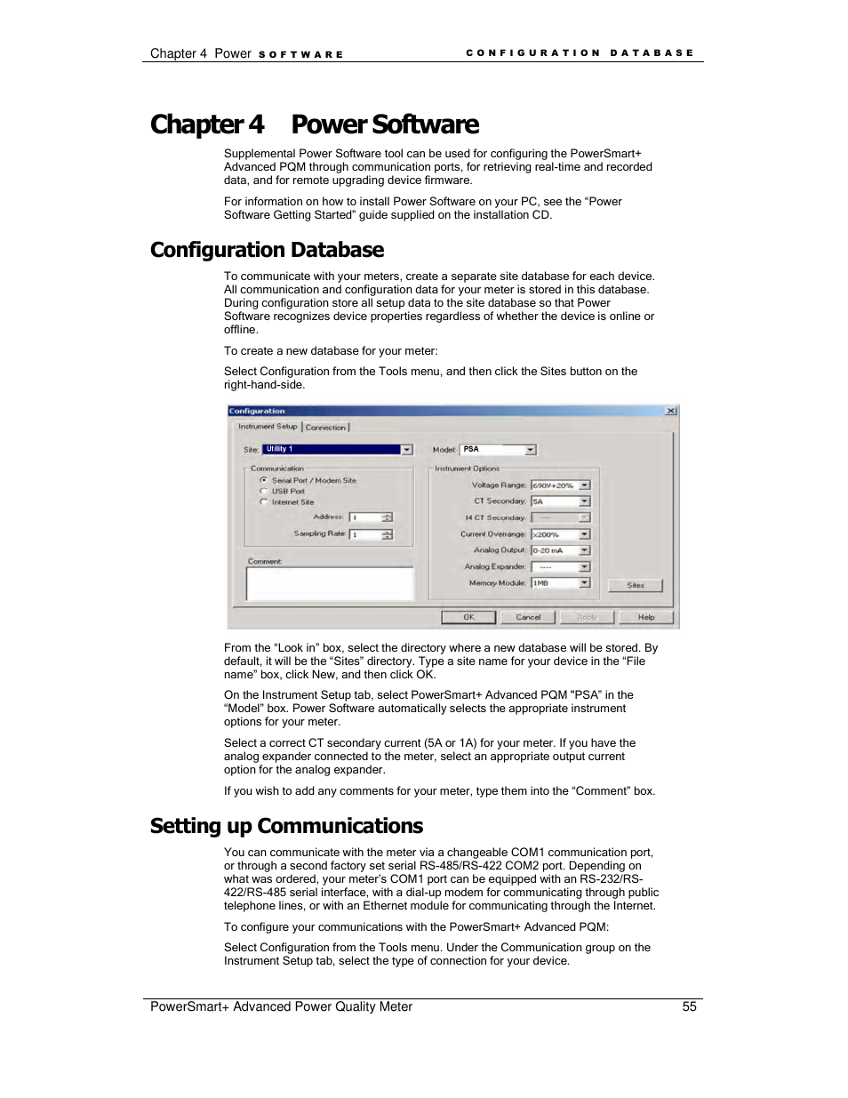 Chapter 4 power software, Configuration database, Setting up communications | E-Mon E-PS-A-RTU-N User Manual | Page 55 / 151