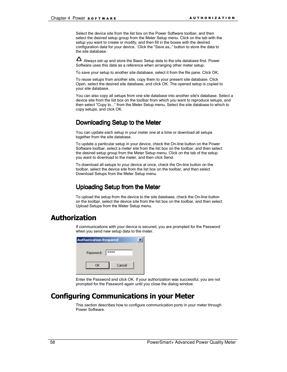 Authorization, Configuring communications in your meter, Downloading setup to the meter | Uploading setup from the meter | E-Mon E-PS-A-RTU-N User Manual | Page 58 / 151