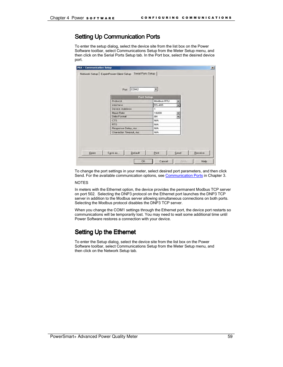 Setting up communication ports, Setting up the ethernet | E-Mon E-PS-A-RTU-N User Manual | Page 59 / 151