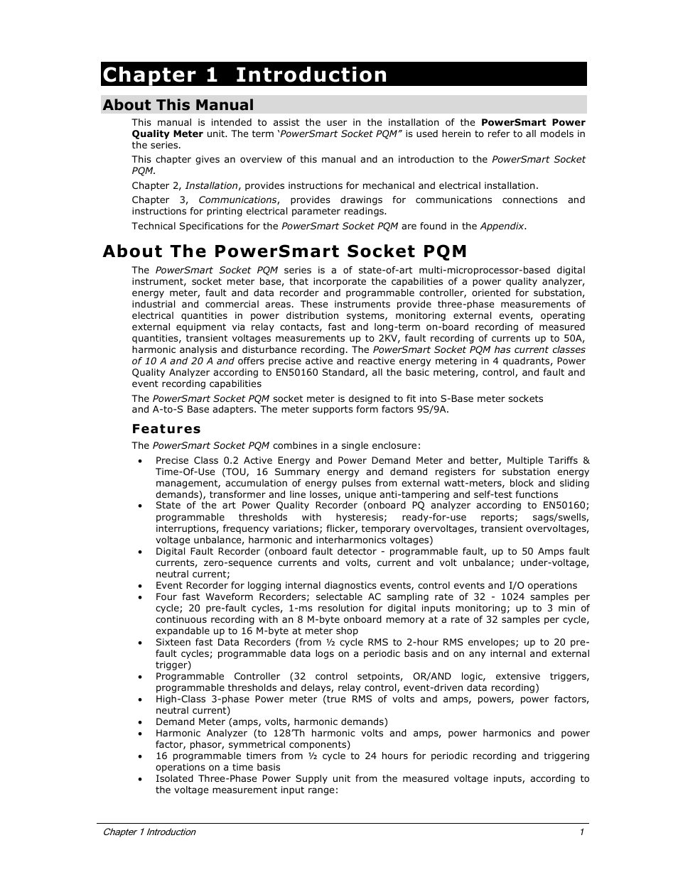 Chapter 1 introduction, About the powersmart socket pqm, About this manual | E-Mon E-PS-S-HV-RTU User Manual | Page 7 / 40