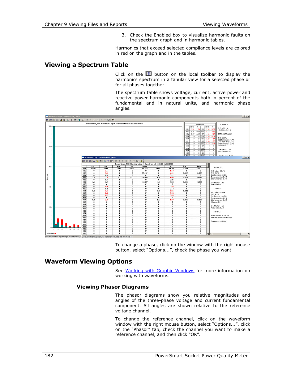 Viewing a spectrum table, Waveform viewing options | E-Mon E-PS-S-HV-RTU User Manual | Page 182 / 232