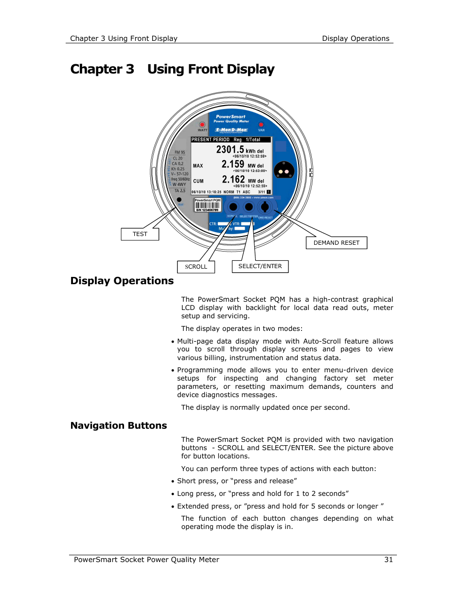 Chapter 3 using front display, Display operations, Navigation buttons | E-Mon E-PS-S-HV-RTU User Manual | Page 31 / 232