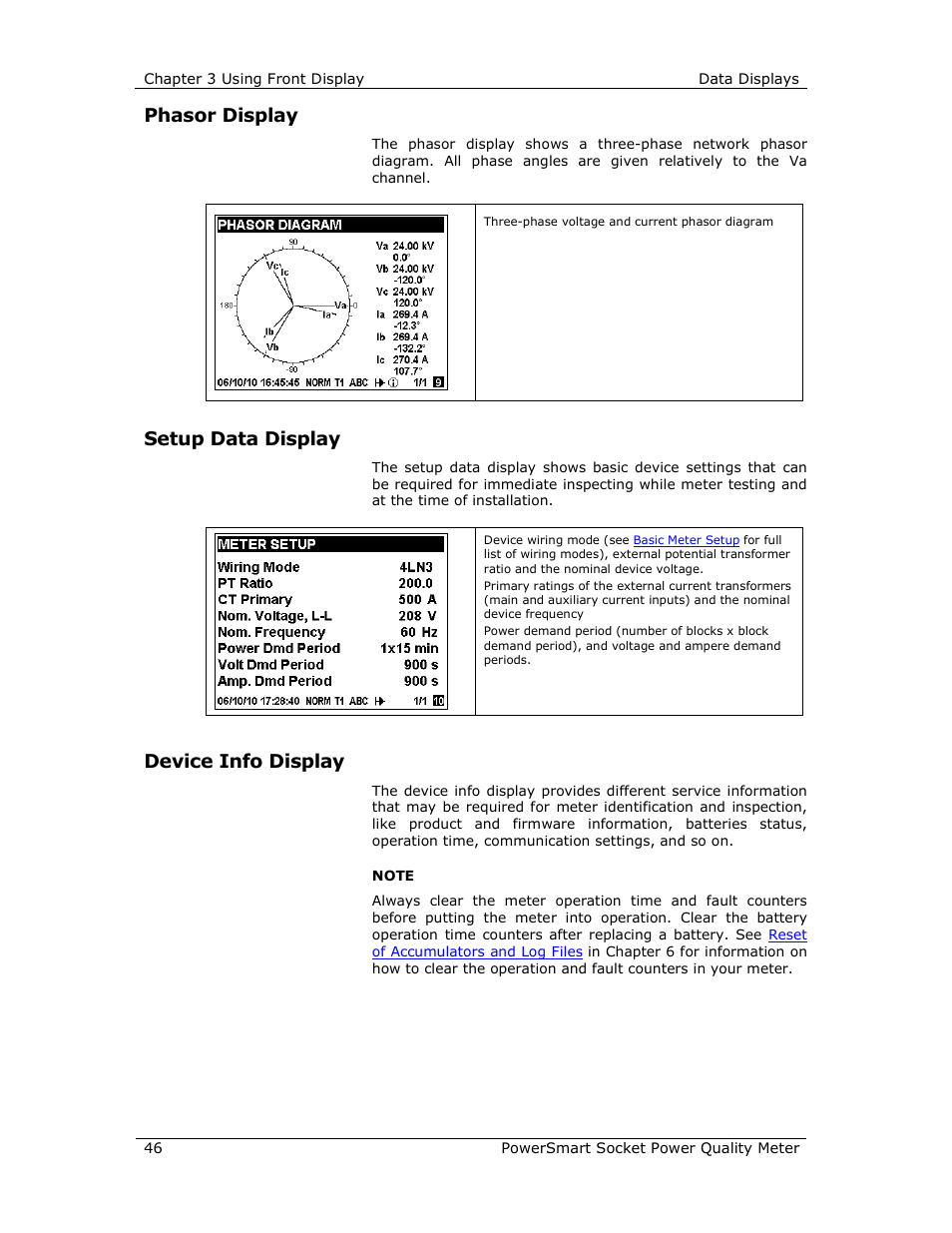 Phasor display, Setup data display, Device info display | E-Mon E-PS-S-HV-RTU User Manual | Page 46 / 232
