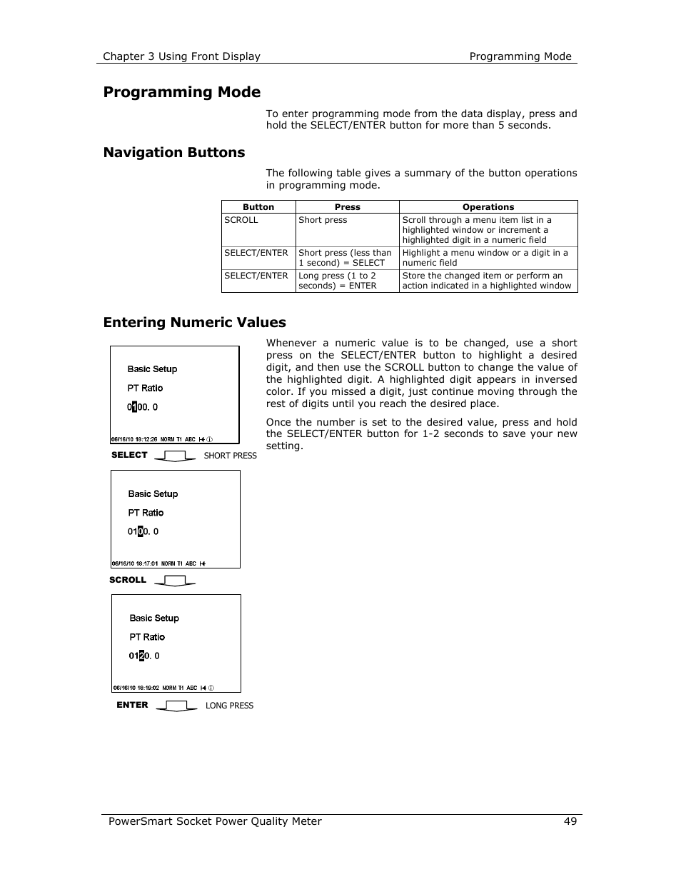 Programming mode, Navigation buttons, Entering numeric values | E-Mon E-PS-S-HV-RTU User Manual | Page 49 / 232