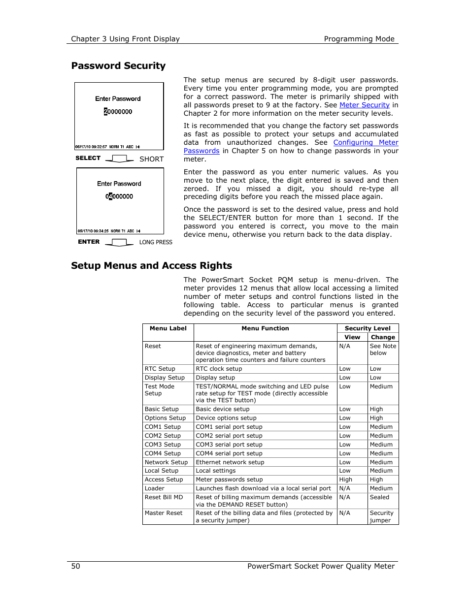 Password security, Setup menus and access rights | E-Mon E-PS-S-HV-RTU User Manual | Page 50 / 232