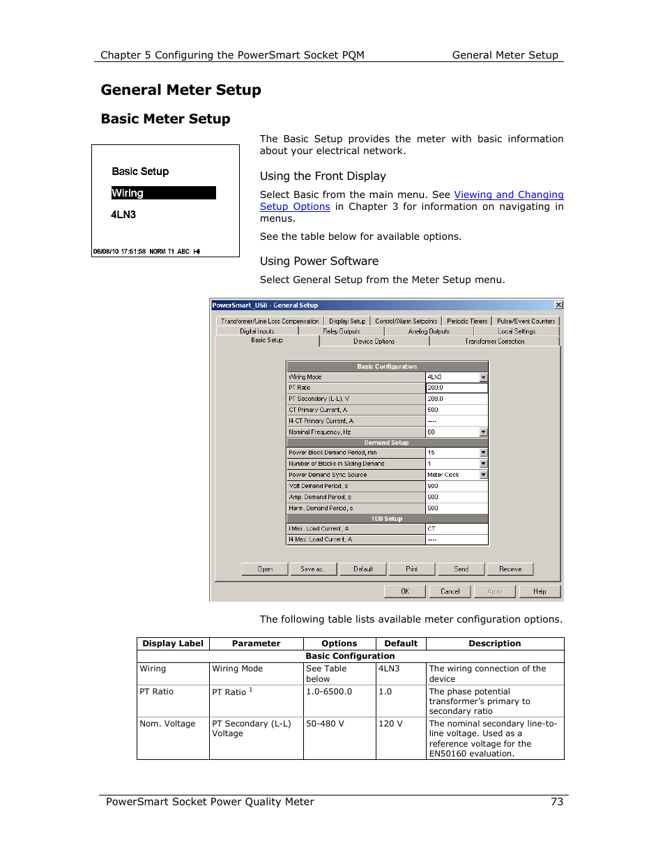 General meter setup, Basic meter setup, Using the front display | Using power software | E-Mon E-PS-S-HV-RTU User Manual | Page 73 / 232