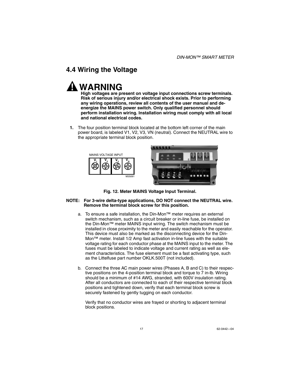 4 wiring the voltage, Warning | E-Mon E-D5-600800-S*SPL3-V3KIT3 User Manual | Page 17 / 72