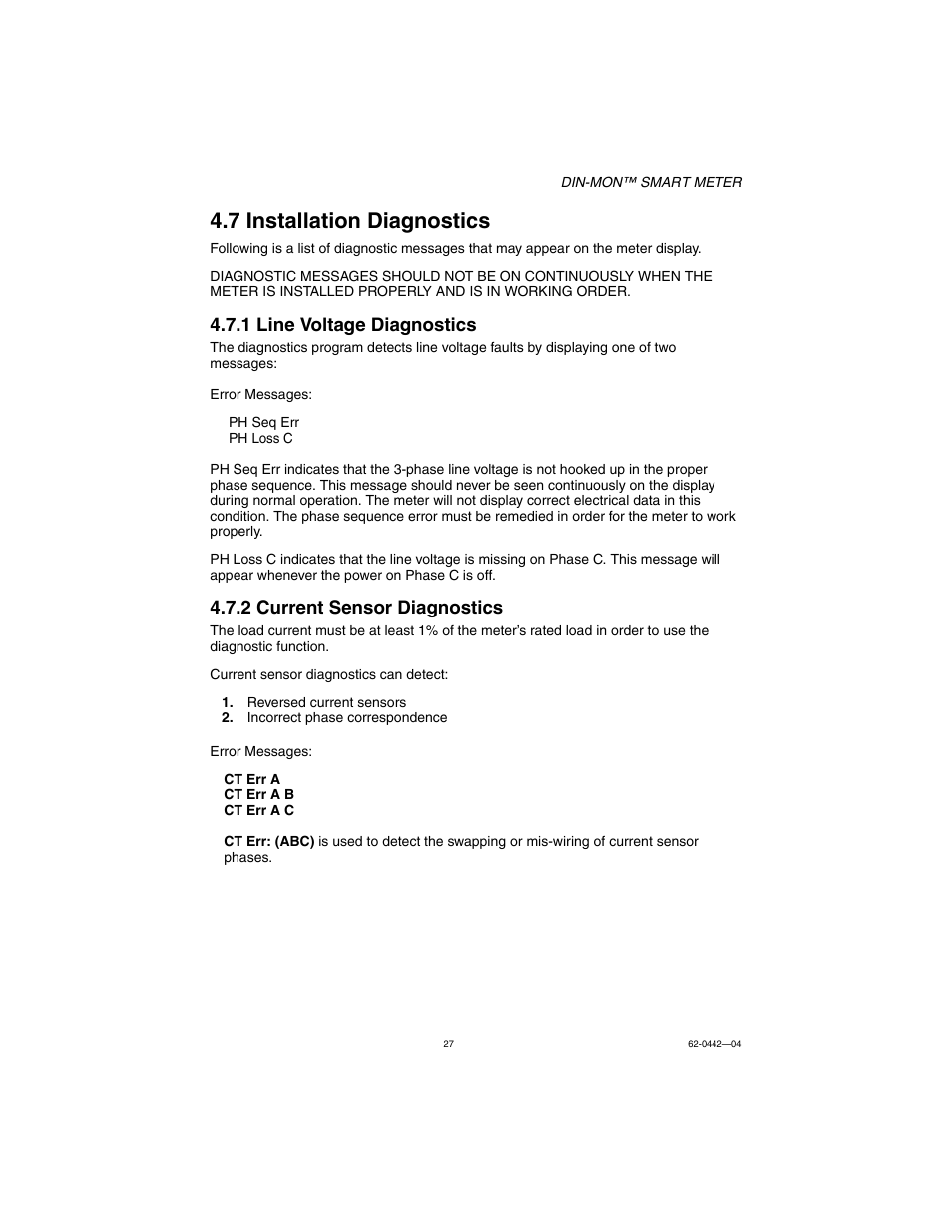 7 installation diagnostics, 1 line voltage diagnostics, 2 current sensor diagnostics | E-Mon E-D5-600800-S*SPL3-V3KIT3 User Manual | Page 27 / 72