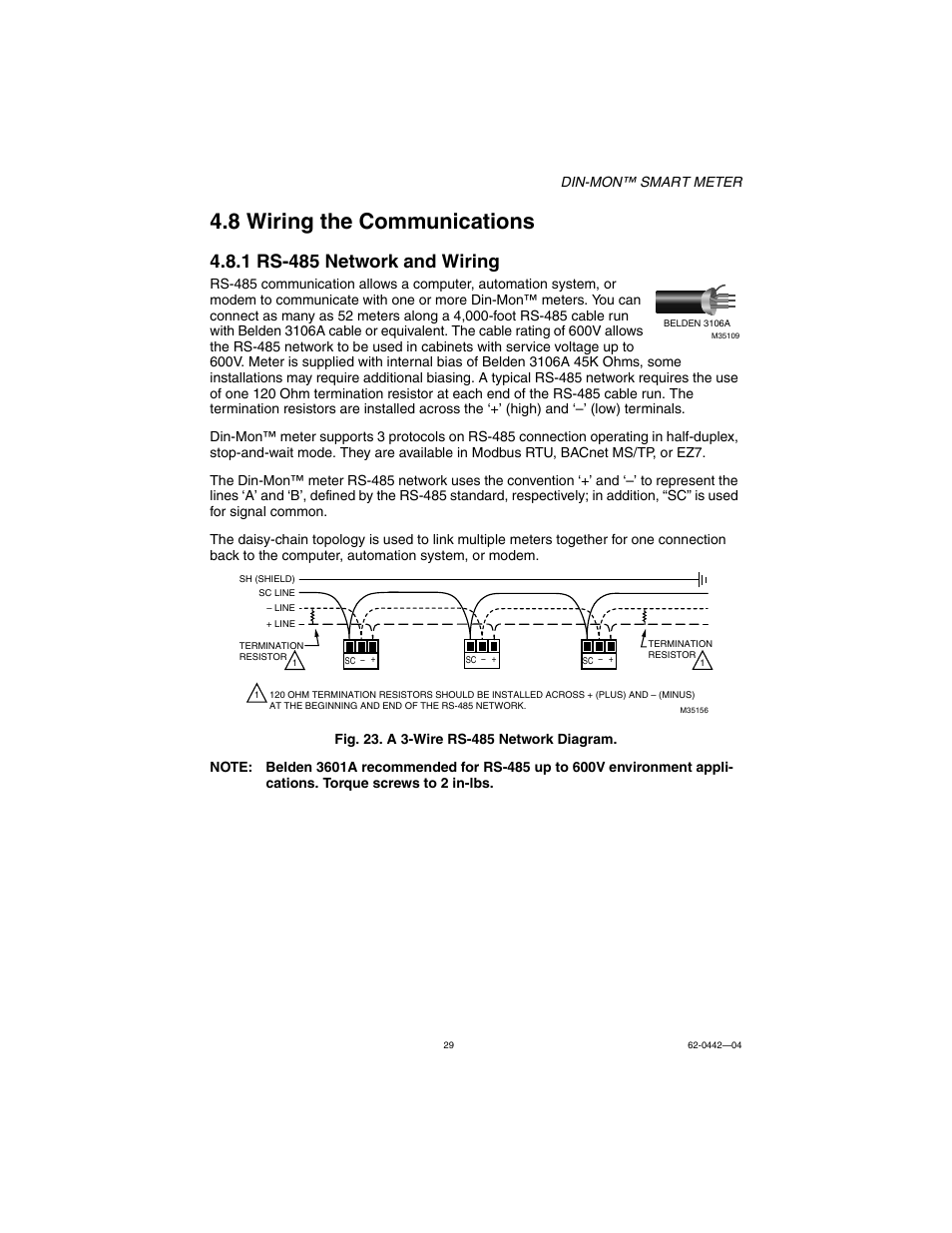 8 wiring the communications, 1 rs-485 network and wiring | E-Mon E-D5-600800-S*SPL3-V3KIT3 User Manual | Page 29 / 72
