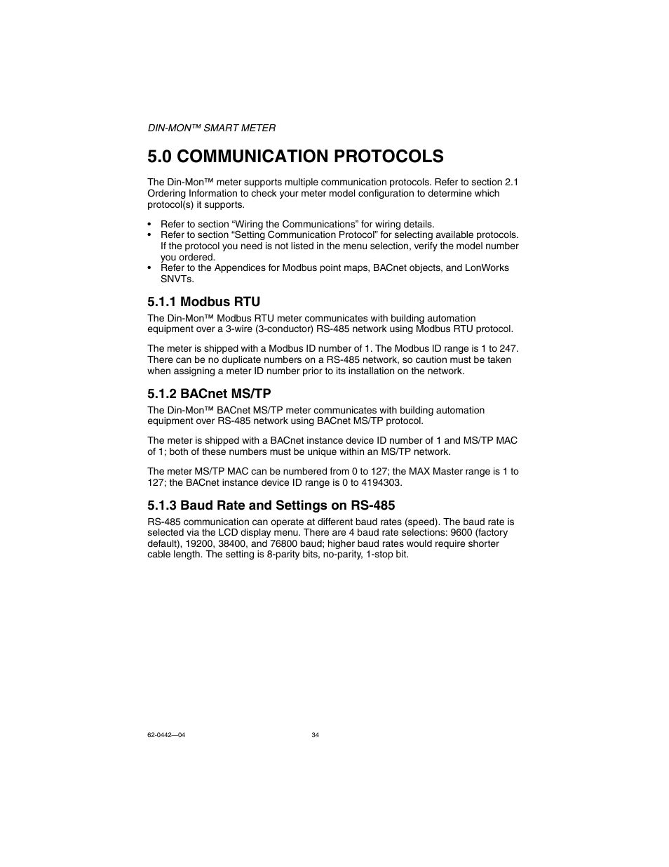 0 communication protocols, 1 modbus rtu, 2 bacnet ms/tp | 3 baud rate and settings on rs-485 | E-Mon E-D5-600800-S*SPL3-V3KIT3 User Manual | Page 34 / 72