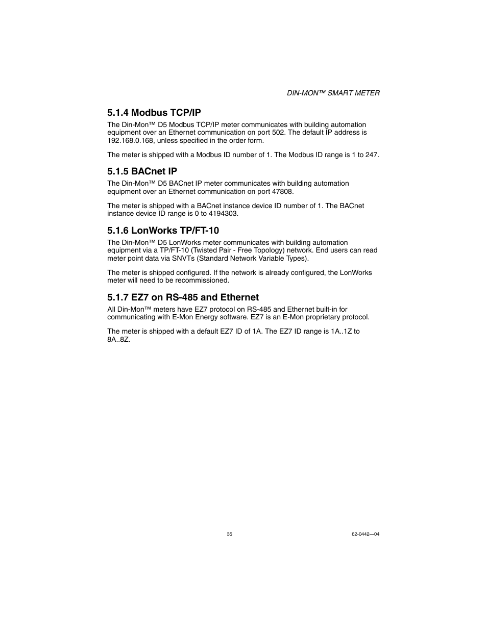 4 modbus tcp/ip, 5 bacnet ip, 6 lonworks tp/ft-10 | E-Mon E-D5-600800-S*SPL3-V3KIT3 User Manual | Page 35 / 72