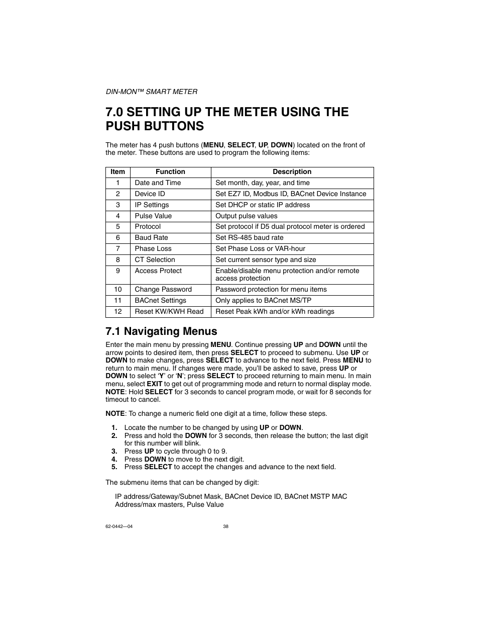 0 setting up the meter using the push buttons, 1 navigating menus | E-Mon E-D5-600800-S*SPL3-V3KIT3 User Manual | Page 38 / 72