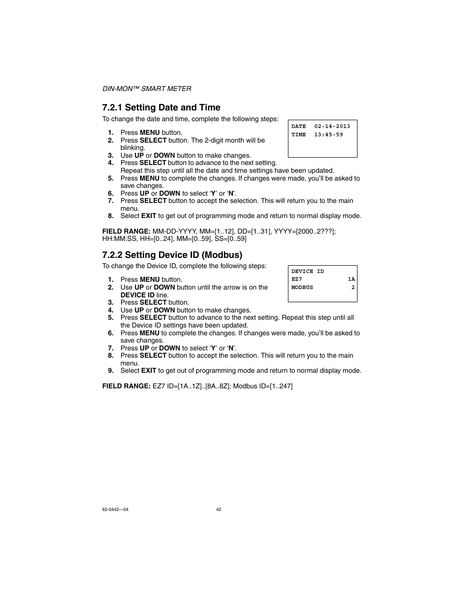 1 setting date and time, 2 setting device id (modbus) | E-Mon E-D5-600800-S*SPL3-V3KIT3 User Manual | Page 42 / 72