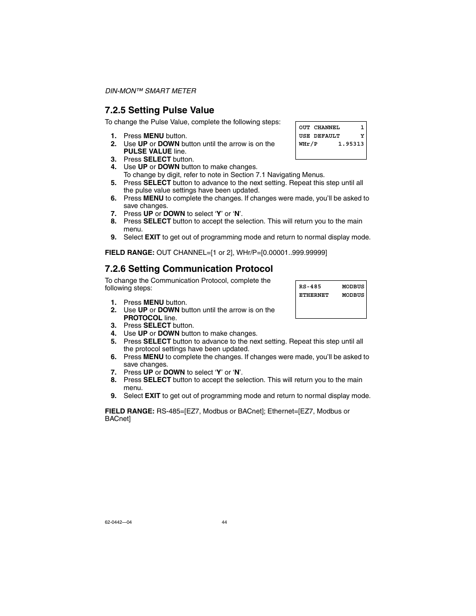5 setting pulse value, 6 setting communication protocol | E-Mon E-D5-600800-S*SPL3-V3KIT3 User Manual | Page 44 / 72