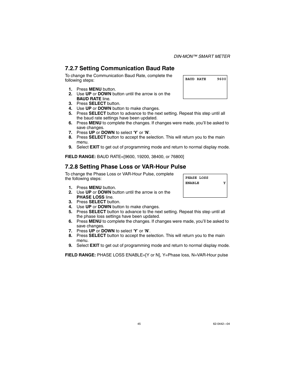 7 setting communication baud rate, 8 setting phase loss or var-hour pulse | E-Mon E-D5-600800-S*SPL3-V3KIT3 User Manual | Page 45 / 72