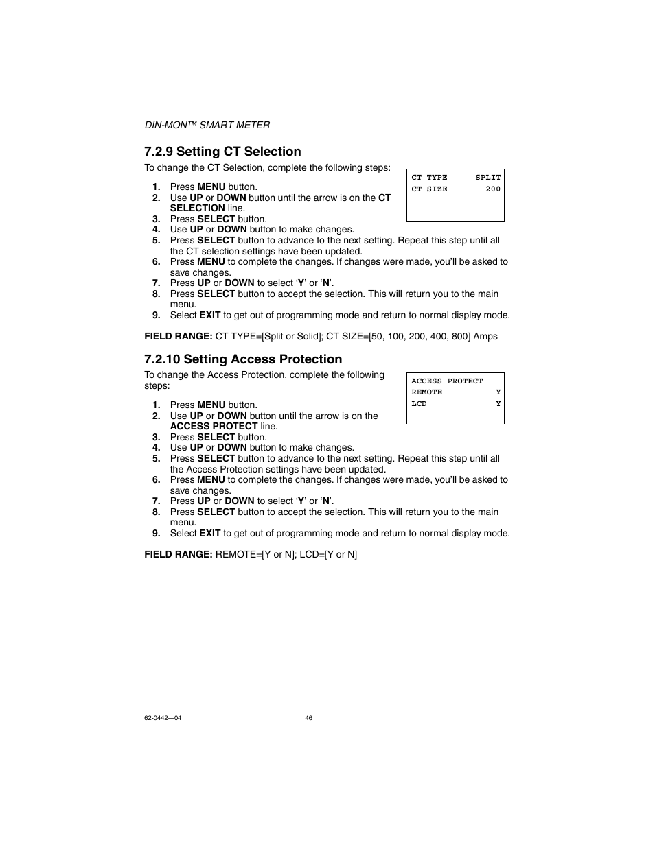 9 setting ct selection, 10 setting access protection | E-Mon E-D5-600800-S*SPL3-V3KIT3 User Manual | Page 46 / 72